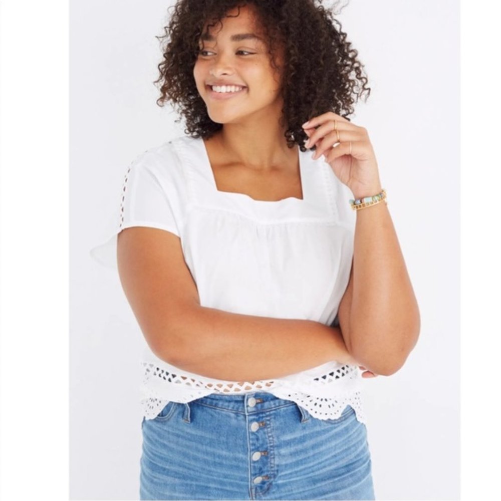 MADEWELL J2534 Angelica Eyelet Lace Poplin Peasant Top in White L